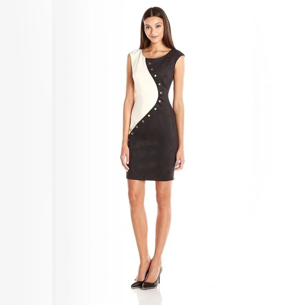 JAX Yin Yang Inspired Sheath Dress Grommet Accented Cap Sleeve Knee Length